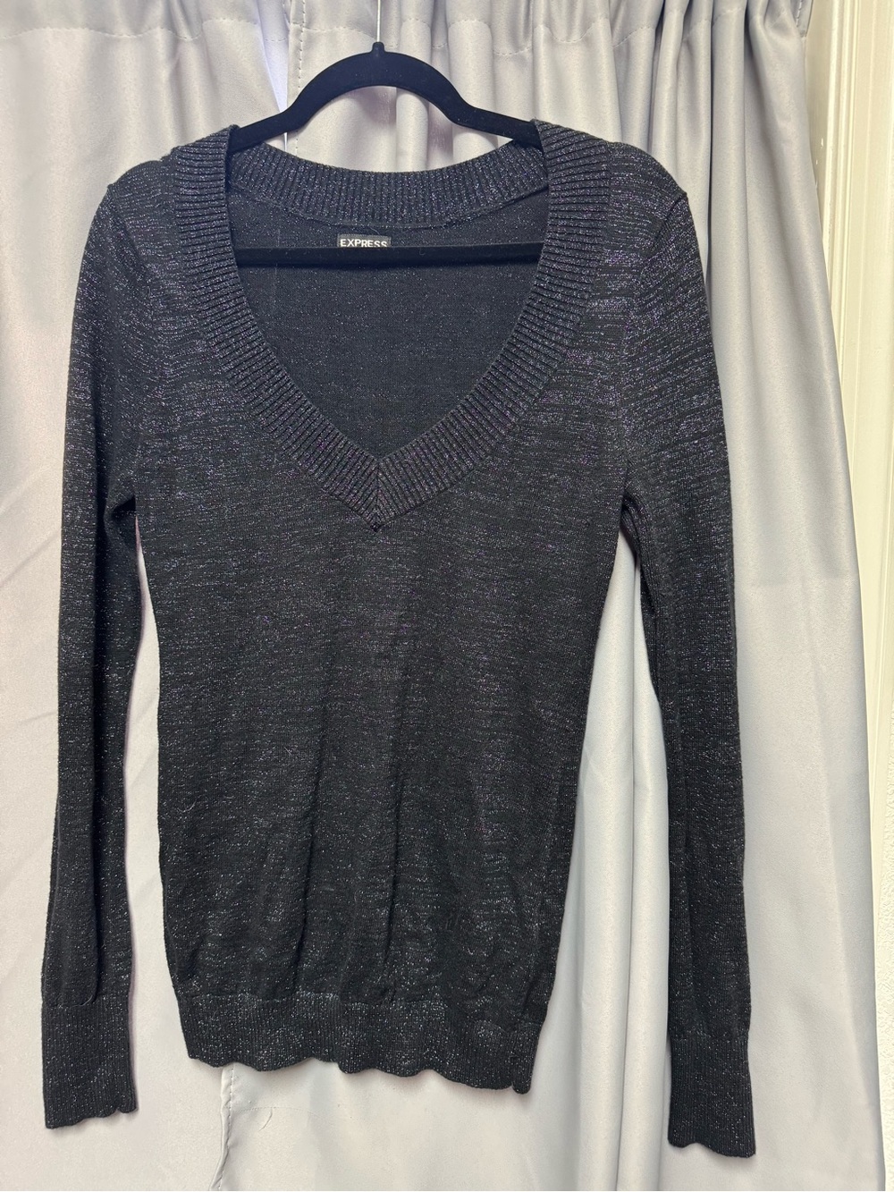 Express Black V-Neck Metallic Knit Sweater